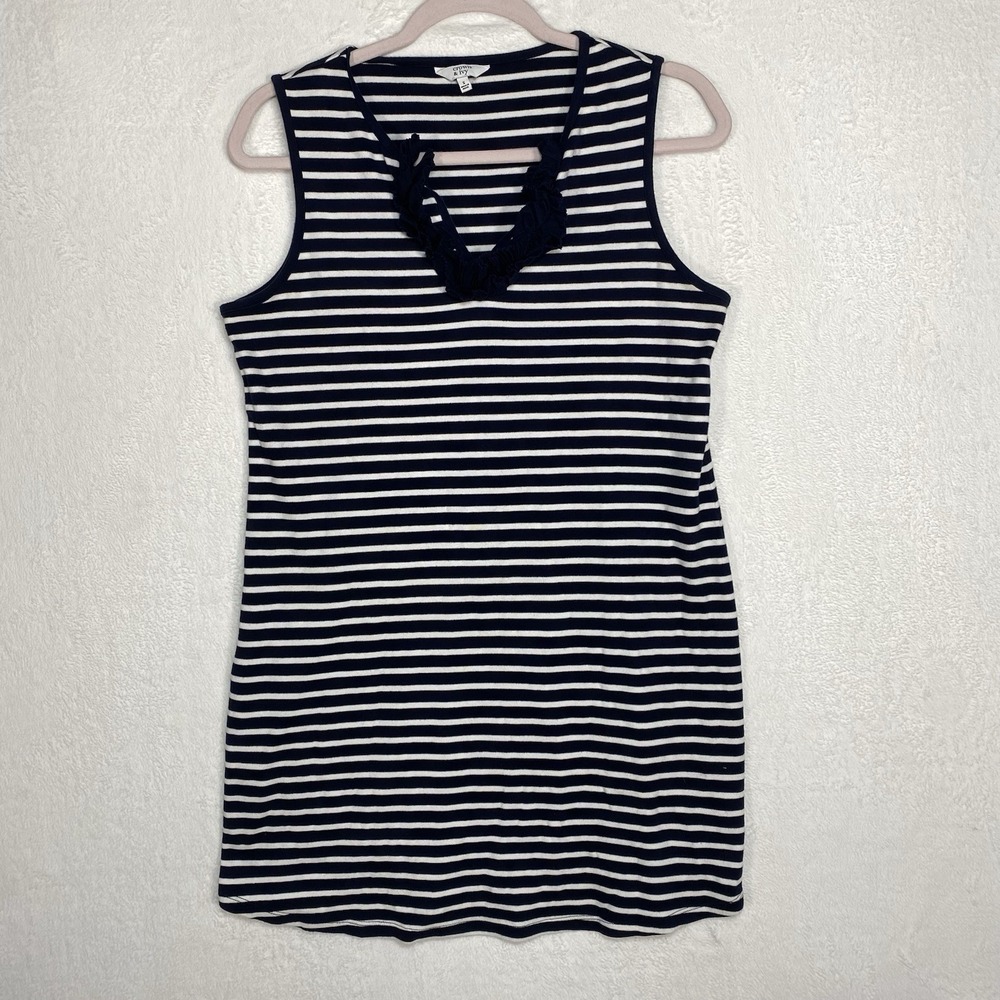Crown &‎ Ivy Striped Ruffle Neck Dress Navy White Small Preppy Coastal Grandma